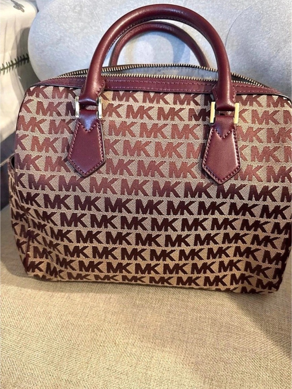 Michael Kors Bedford Travel Medium Logo Stripe Satchel Brown & Pink